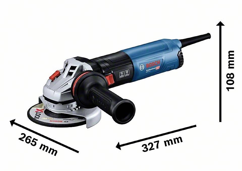 Bosch Professional vinkelslipmaskin GWS 7-115, visar dimensioner: 265 mm (skiva), 327 mm (längd), 108 mm (höjd).