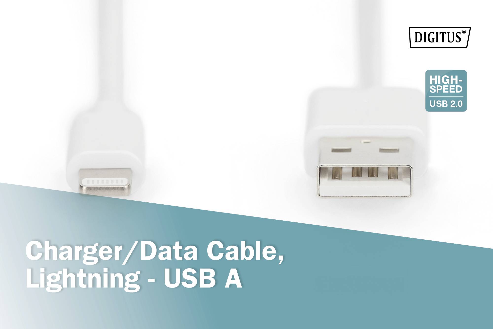 Laddkabel/Datakabel, Lightning till USB A, med 'High-Speed USB 2.0' märkning från Digitus.
