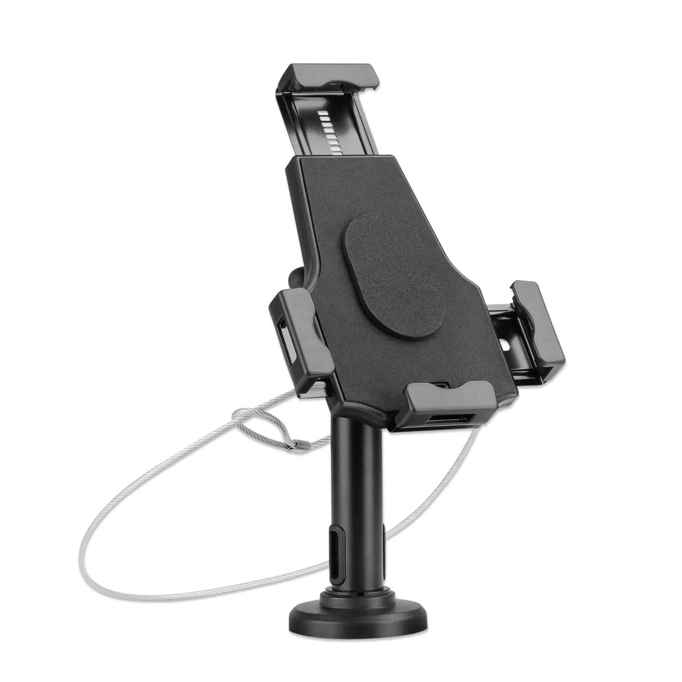 Ett svart, justerbart tablet- eller smartphonestativ med flexibel kabel. Lämplig för skrivbord eller bord.