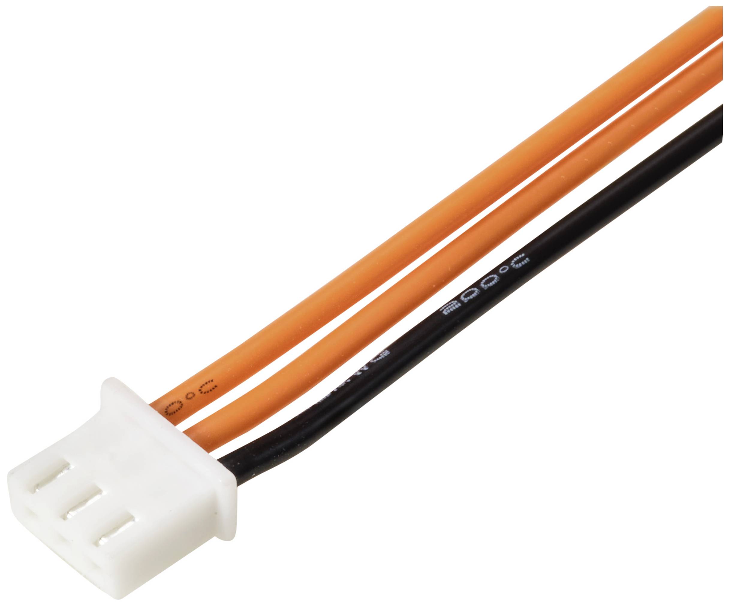 Närbild av en vit trepolig kontakt med två orangea och ett svart kabel, lämplig för elektroniska anslutningar.