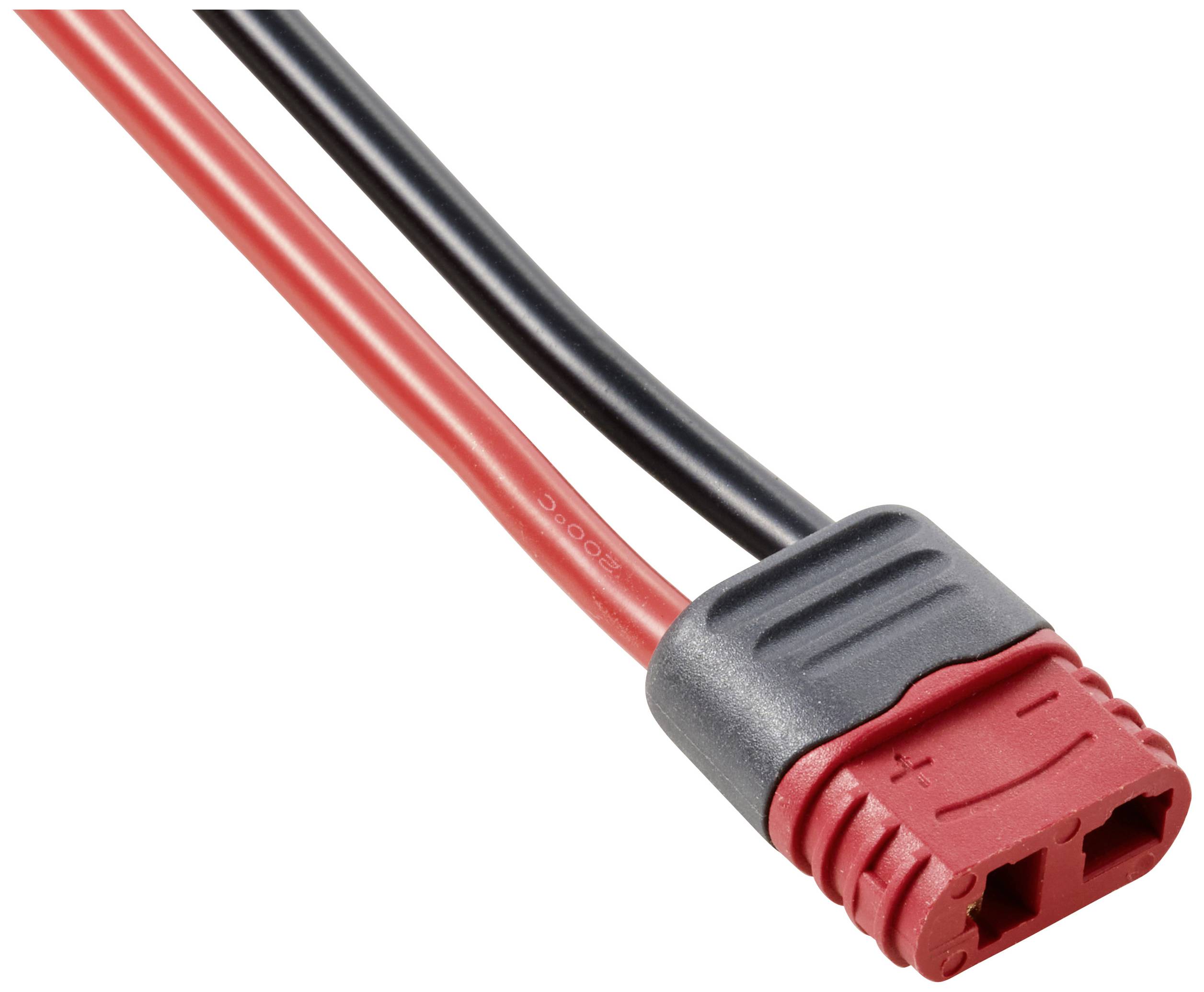 Röd och svart elkabel med kontakt. Kontakten visar plus- och minuspoler, lämplig för strömförbindelser.