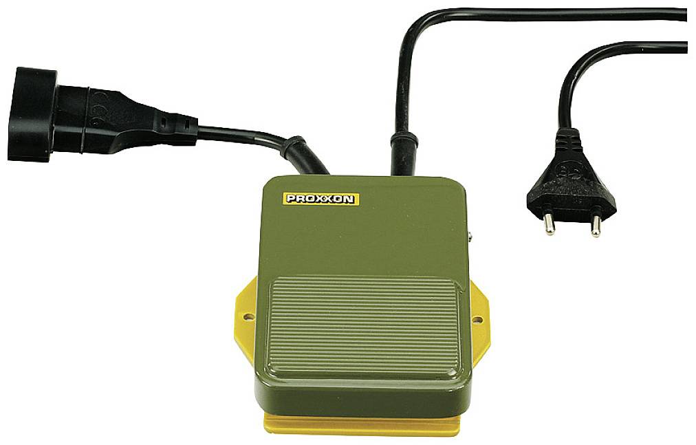 Fotpedal från Proxxon med EU-kontakt och uttag. Enheten har ett olivgrönt hölje. Huvudsakligen avsedd för verktyg.
