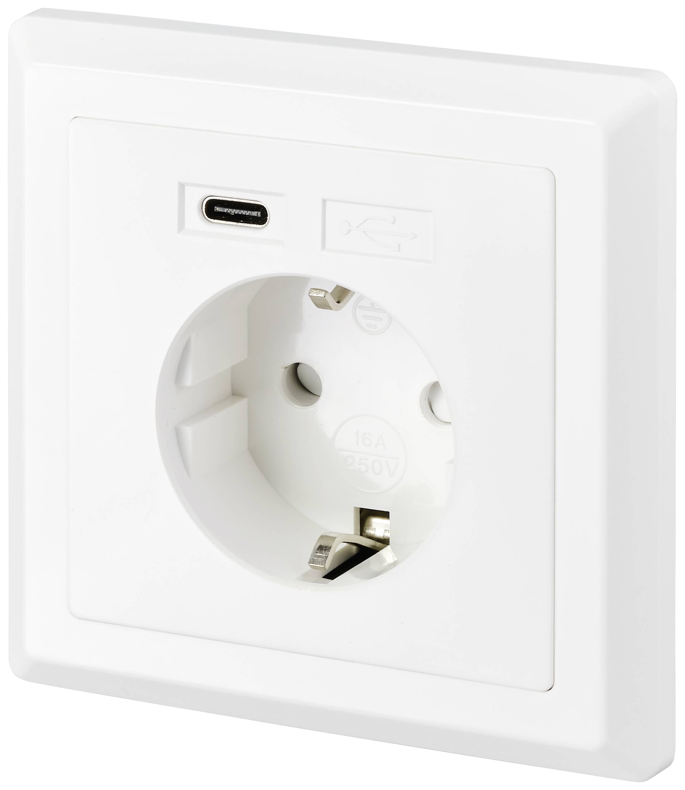 Vit vägguttag med integrerad USB-C-port.
