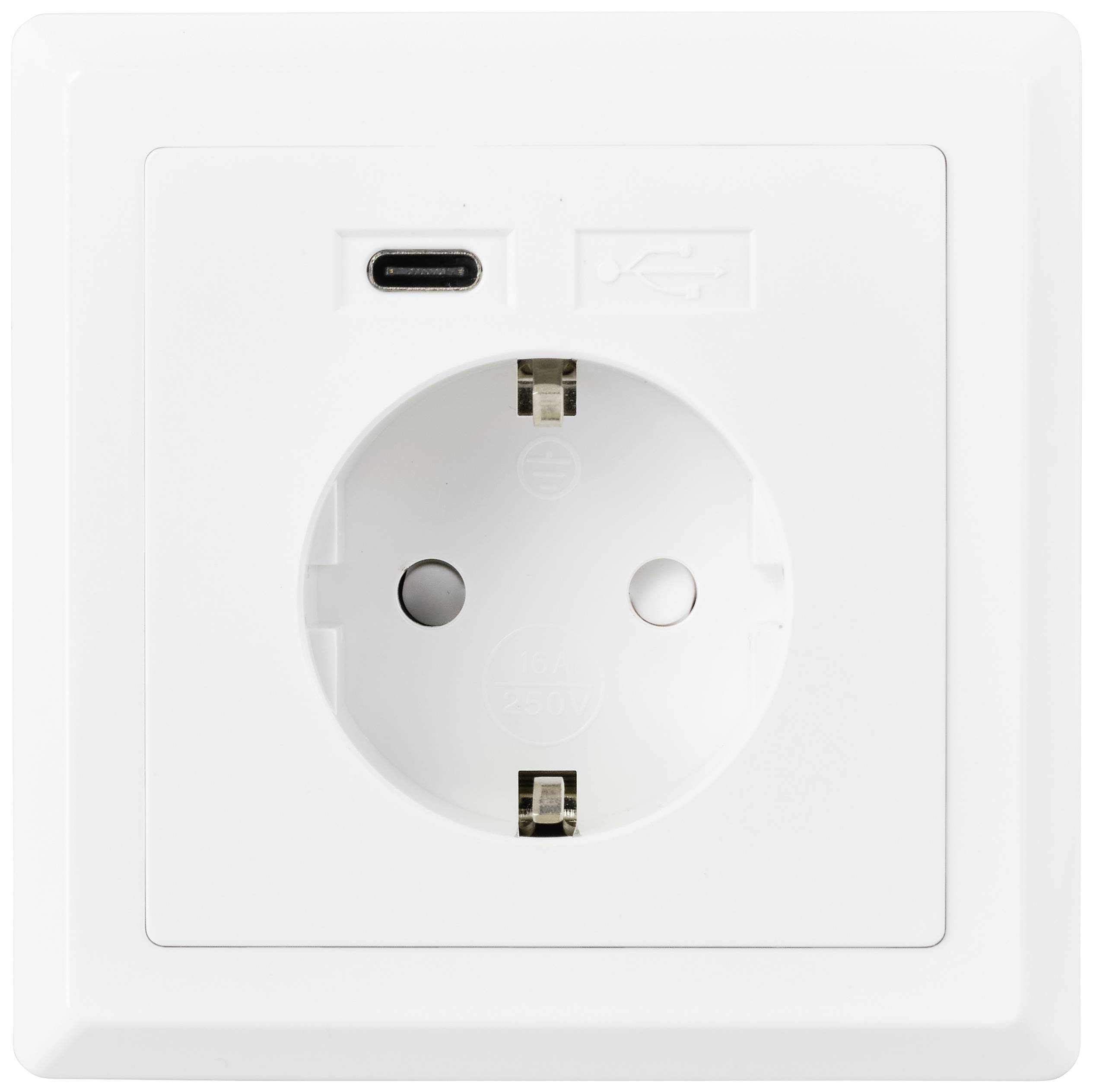 Vit vägguttag med två USB-portar: en USB-A och en USB-C.