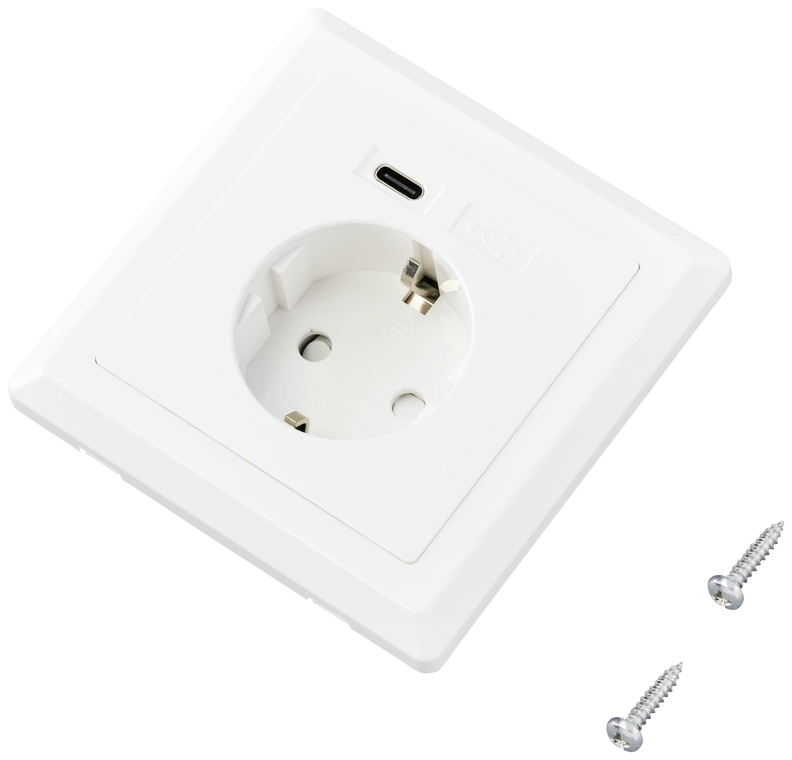 Vit vägguttag med USB-port och två medföljande skruvar för montering.