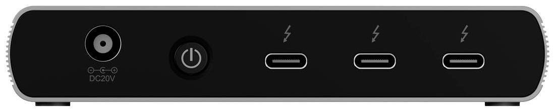 En elektronisk enhet med en likströmsanslutning till vänster, en nätströmbrytare i mitten och tre USB-C-portar till höger.