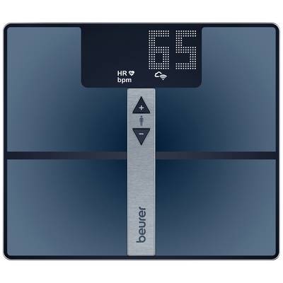 Digital personvåg med hjärtfrekvensvisning '65 bpm', Bluetooth-symbol, inställningsknappar, märke Beurer.