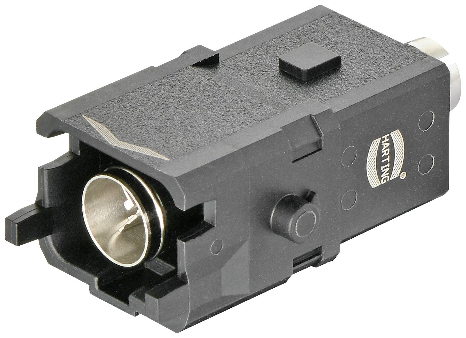 Elektronisk kontakt från HARTING med rektangulärt, svart hölje och rund anslutning i mitten.