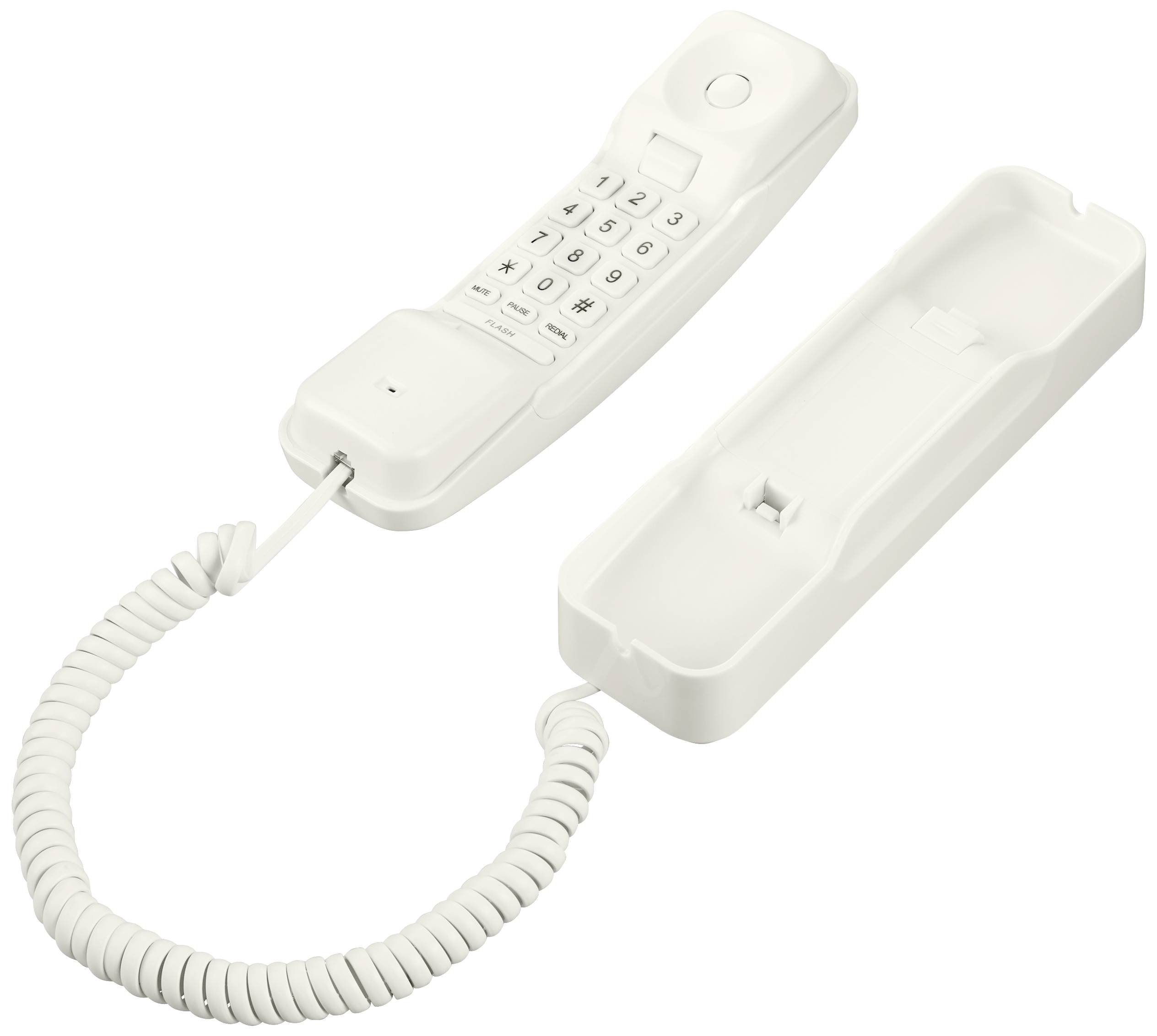Vit fast telefon med lur och spiralsladd, liggande bredvid tillhörande basstation.