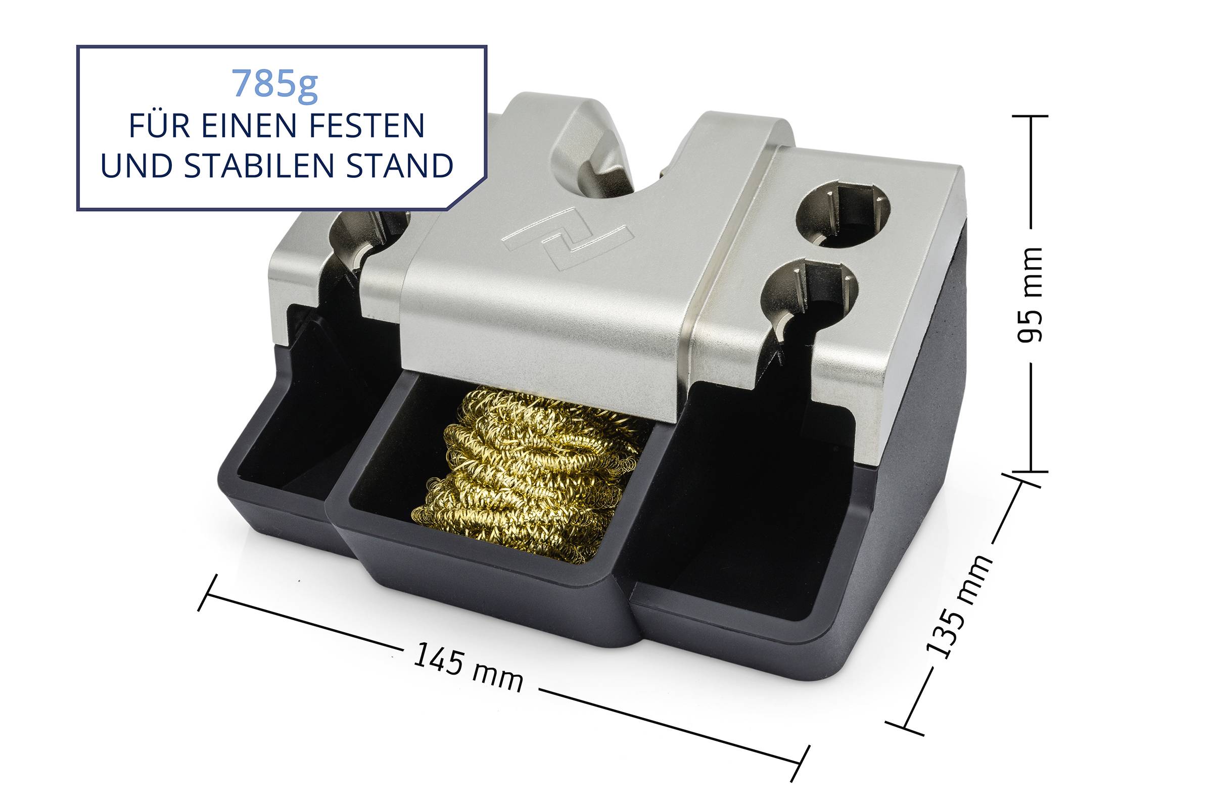 En vikt med dimensionerna 145 mm x 135 mm x 95 mm, väger 785g, och används för stabilisering. Integrerad är en sektion med guldtråd.