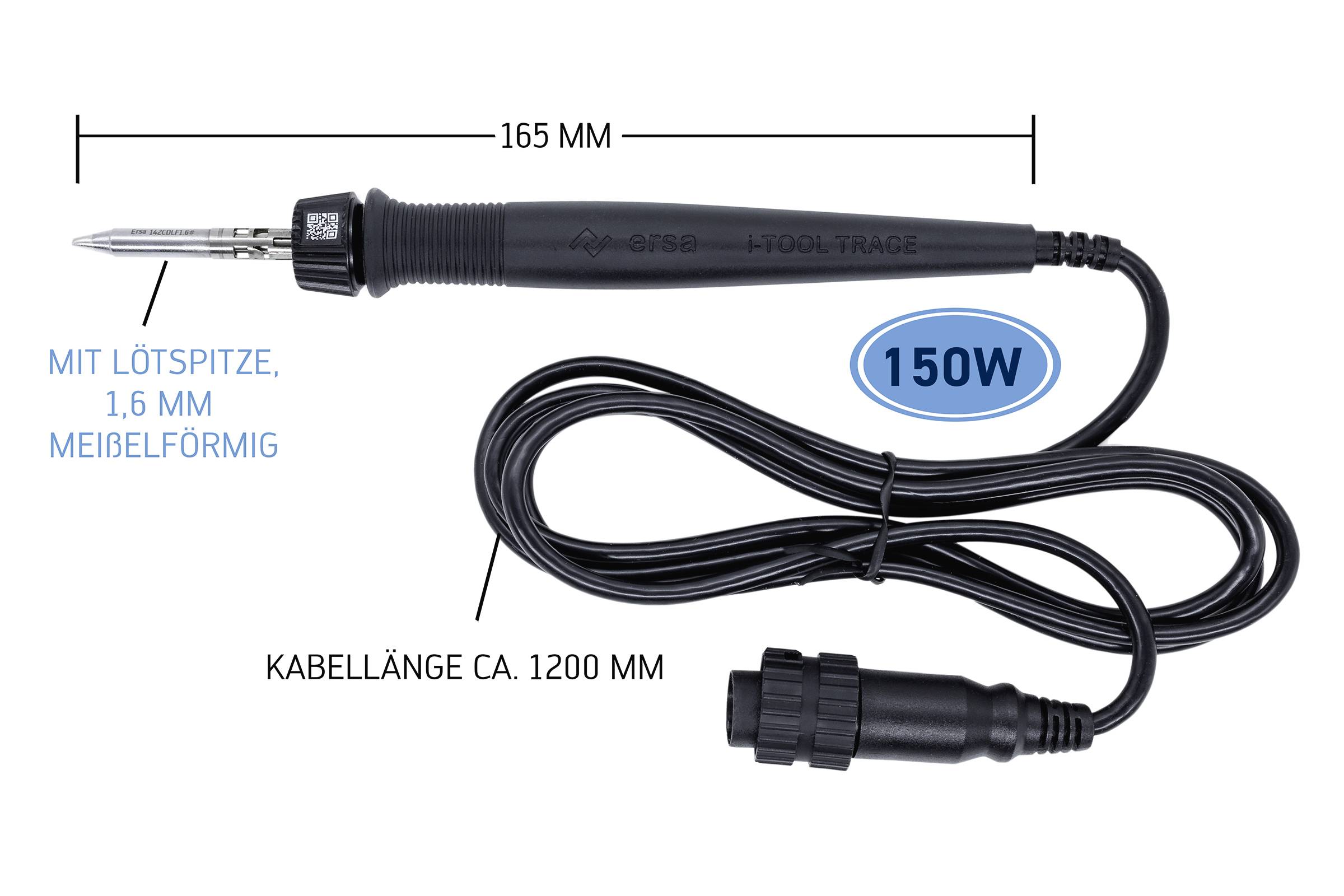 Lödkolv med en effekt på 150 watt. Total längd 165 mm, kabelns längd ca 1200 mm. Lödspetsen är 1,6 mm mejselformad.