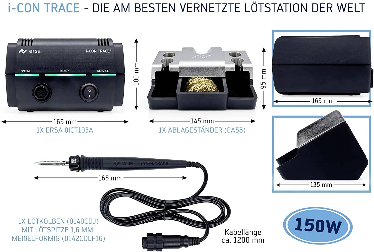 Lödstation i-CON TRACE: Innehåller ERSA i-CON 1, lödspets, avläggningsställ, svamp; 150W effekt, kabellängd ca 1200 mm.