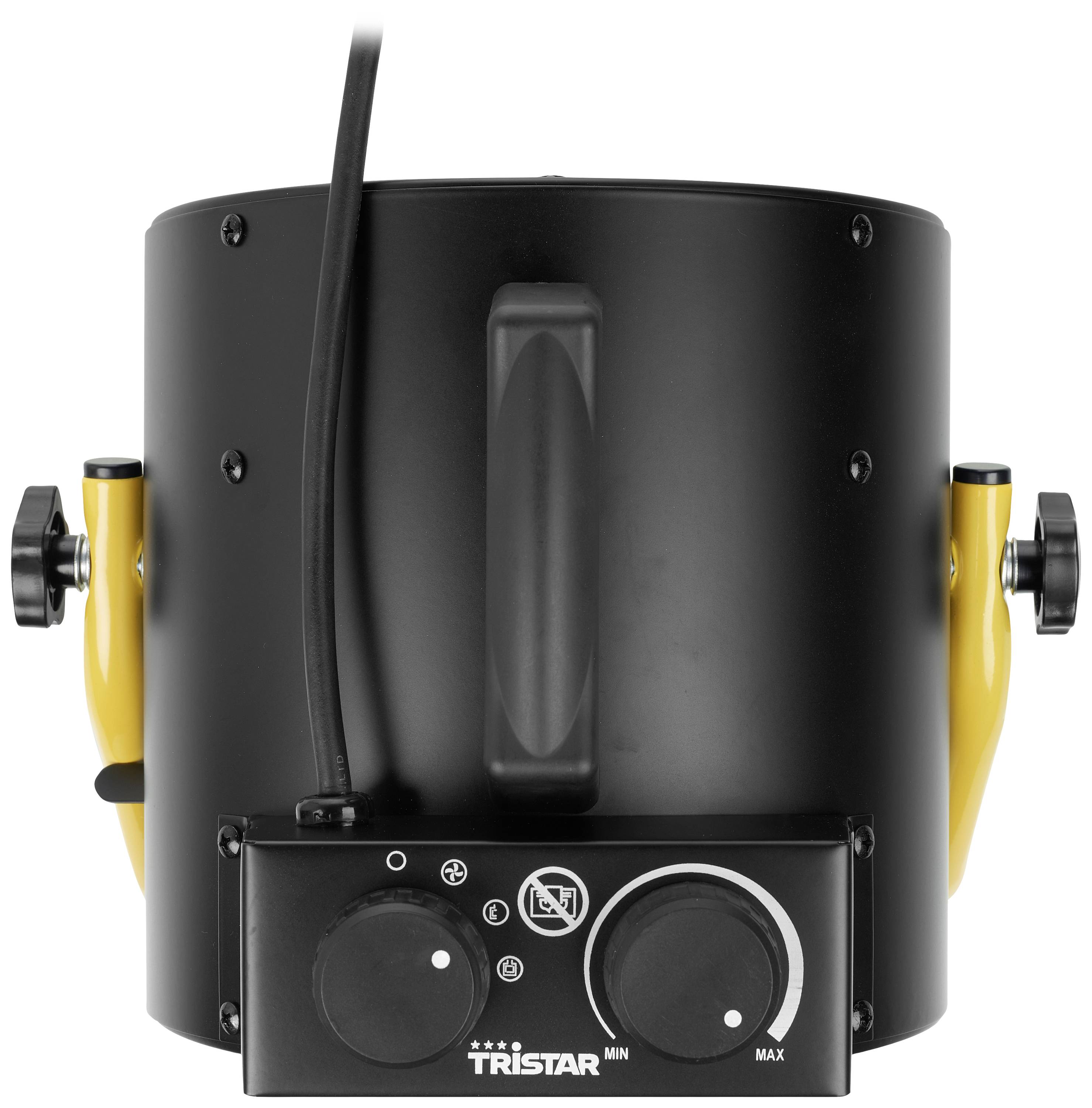 Svart, cylindrisk apparat med två gula handtag och manöverpanel framtill. Varumärket 'TRISTAR' med inställningsreglage för min och max.