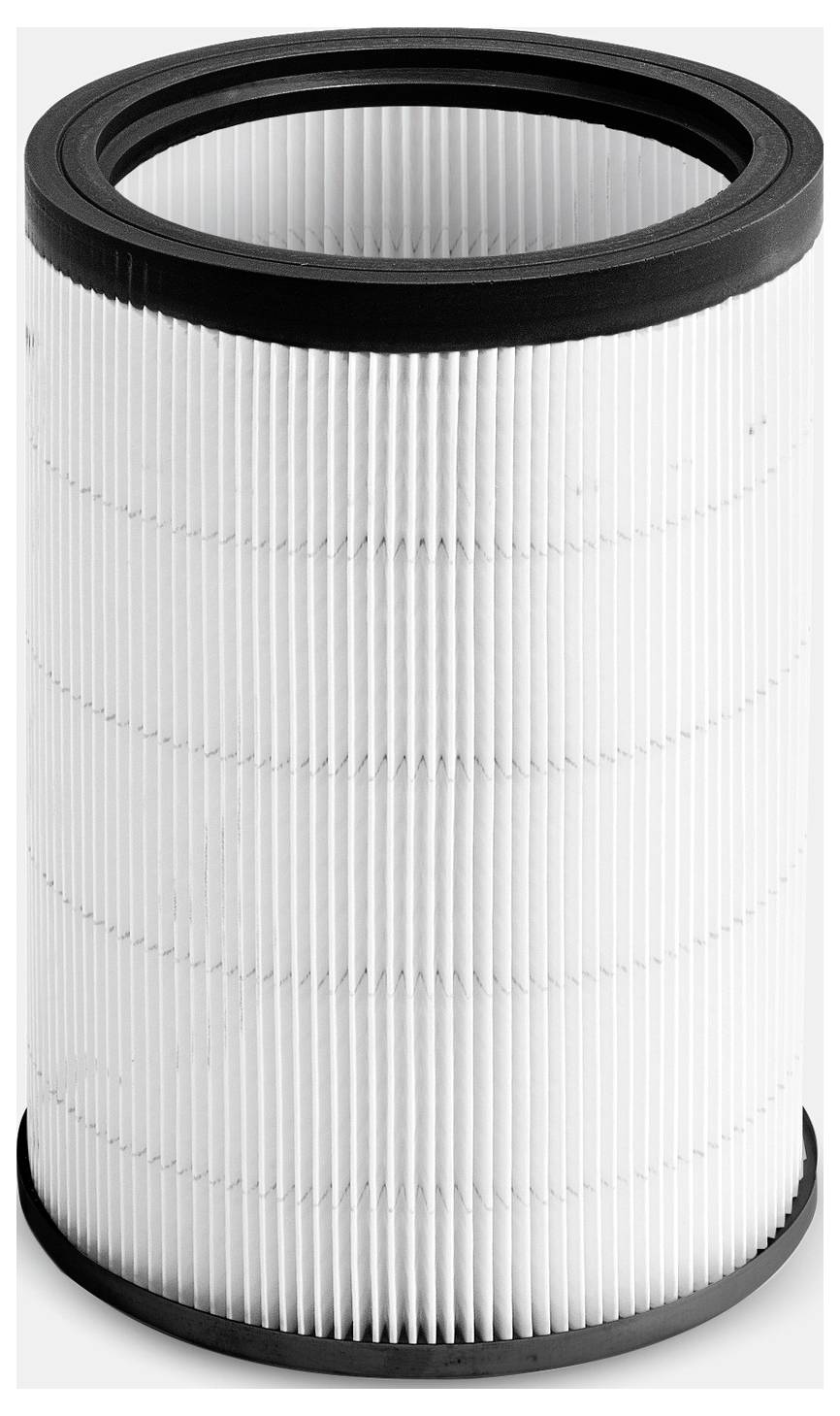 Ett cylindriskt, vitt veckat luftfilter med svarta plastlock på över- och undersidan.