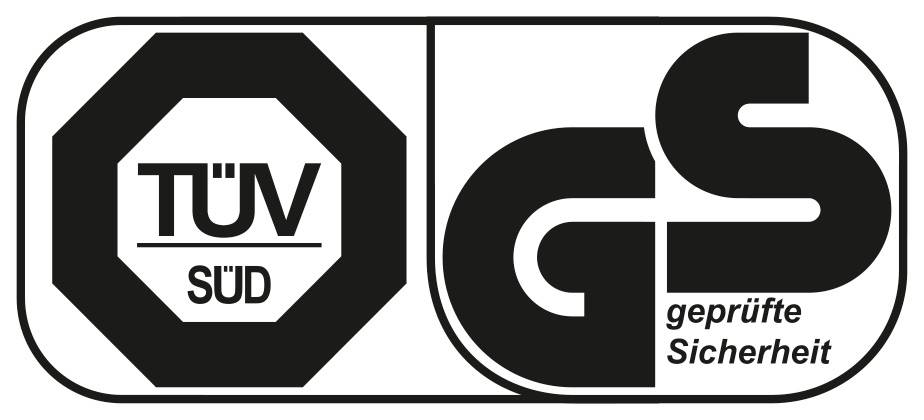 'GS-godkänd säkerhet' testmärke från TÜV SÜD, vilket visar att en produkt uppfyller de tyska säkerhetsstandarderna.