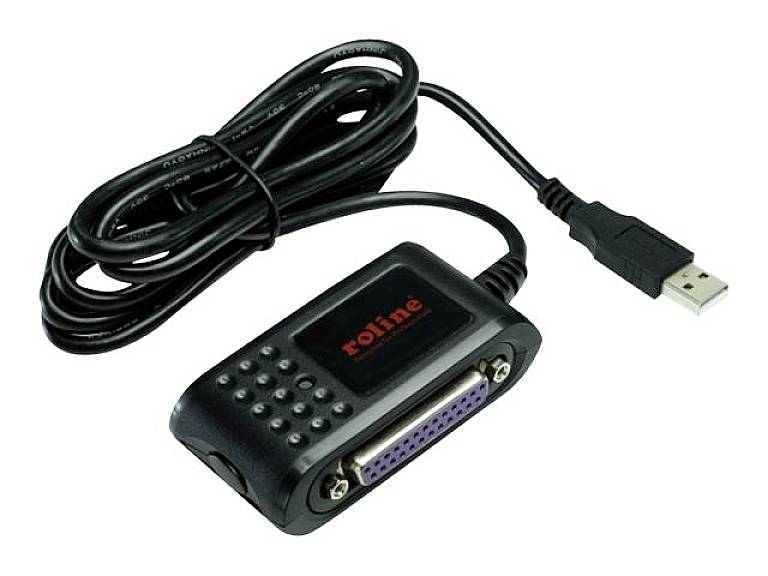 'Roline' USB-till-RS-232-adapter, svart, förbinder USB-enheter med äldre parallellportar, lämplig för dataöverföringar.