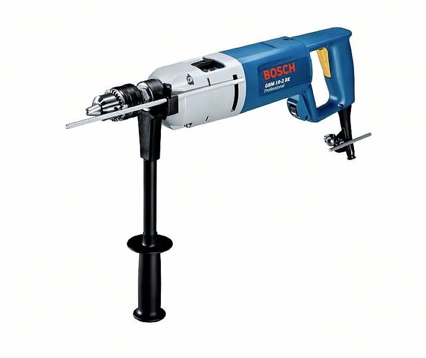 Elektrisk borrmaskin med blått hölje, sidohandtag och borrtillsats. Märkt 'Bosch GSB 162-2 RE Professional'.