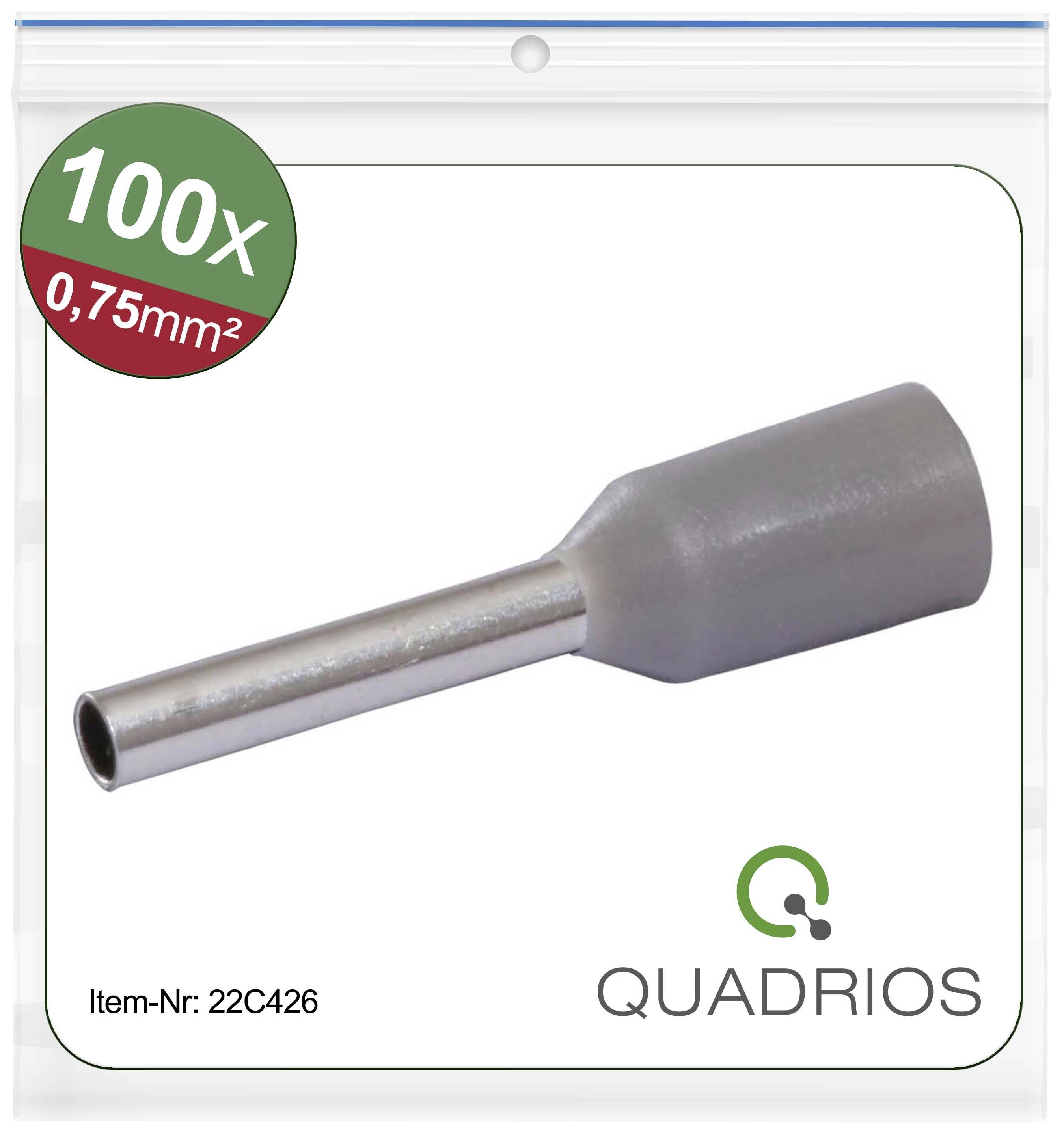 En påse med 100 ändhylsor, 0,75 mm², från Quadrios. Artikelnummer: 22C426. Innehåller en illustration av ändhylsan.