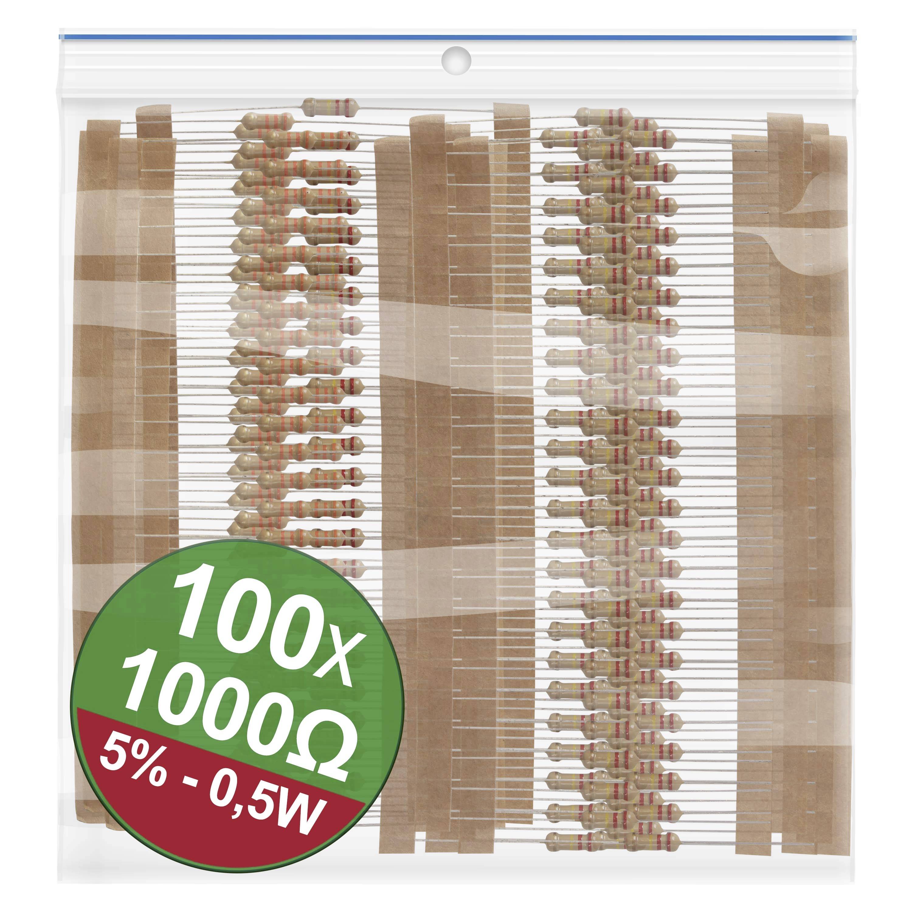 Transparent påse med 100 motstånd, varje på 1000 ohm, 5% tolerans, 0,5 watt.