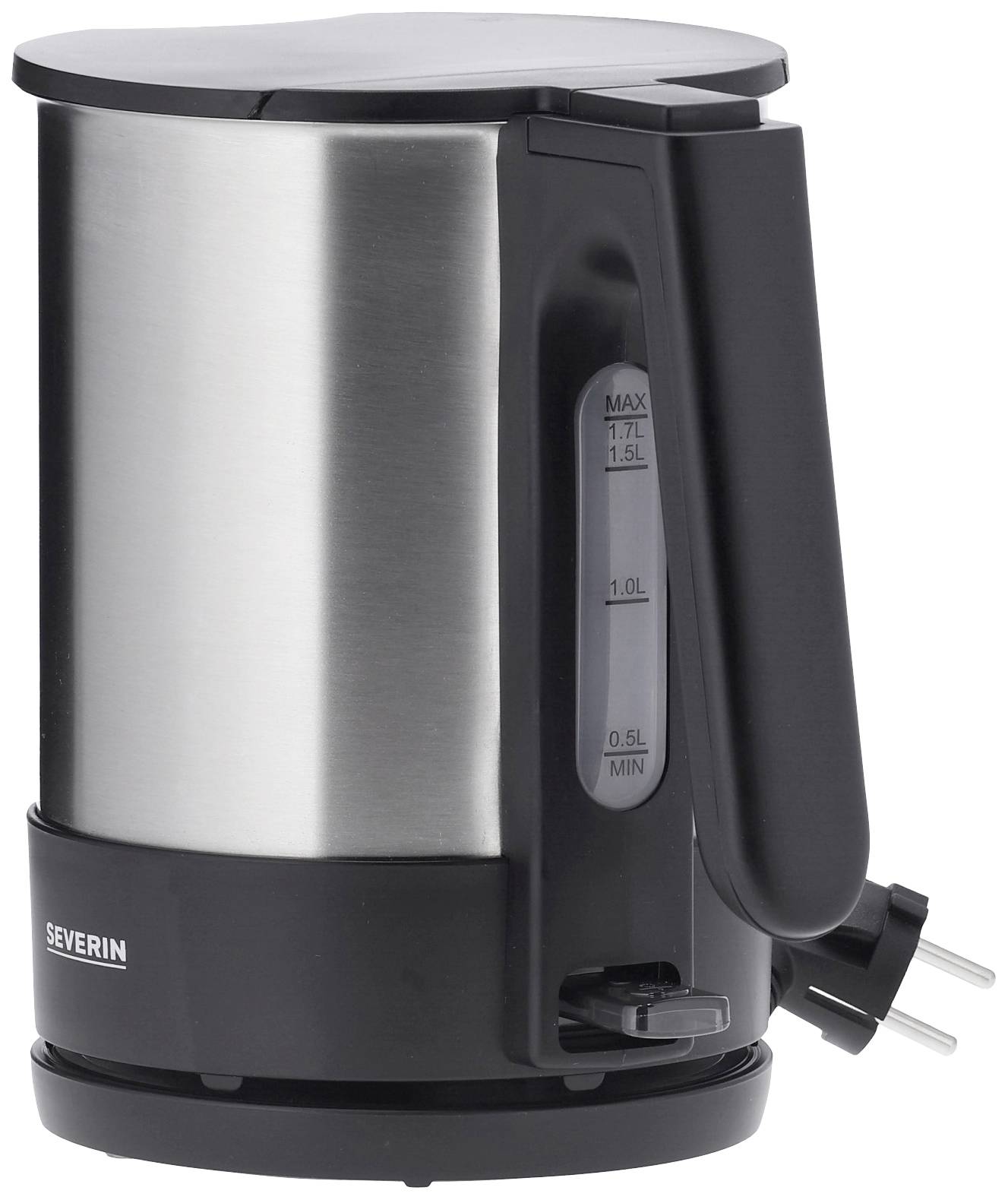 En elektrisk vattenkokare i rostfritt stål, svart, med synlig skala för vattenståndsmätning från 0,5 till 1,7 liter.