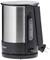 En elektrisk vattenkokare i rostfritt stål, svart, med synlig skala för vattenståndsmätning från 0,5 till 1,7 liter.