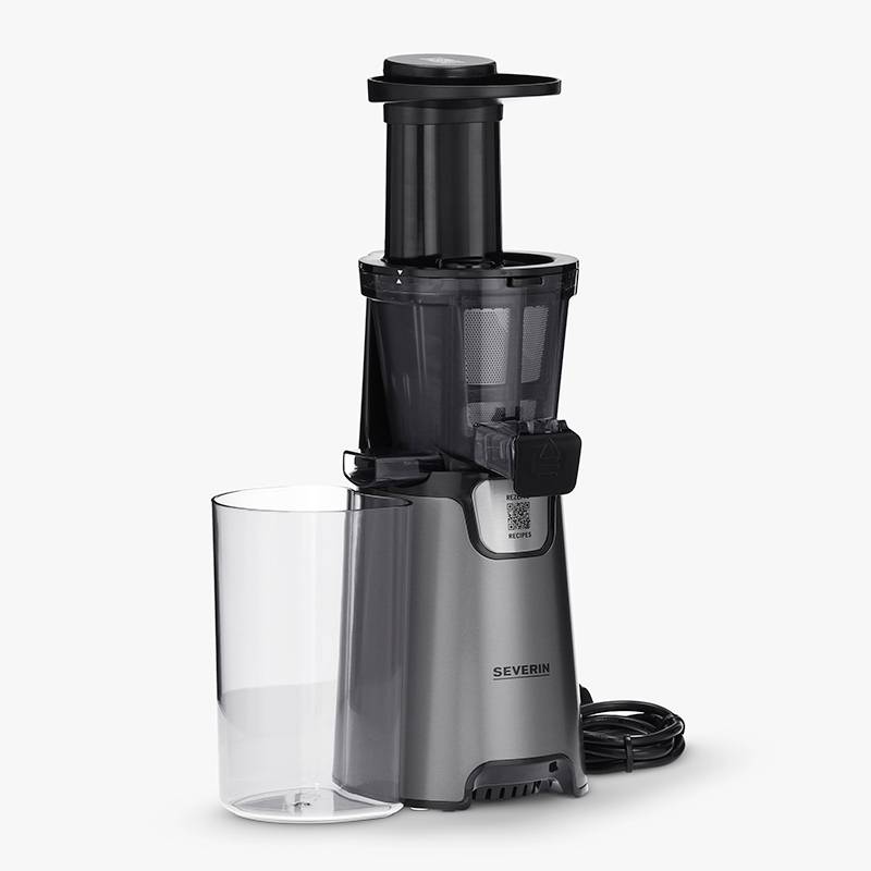 Juicepress i modernt design med mörkt hölje, transparent saftbehållare bredvid, lämplig för kallpressning av frukt och grönsaker.