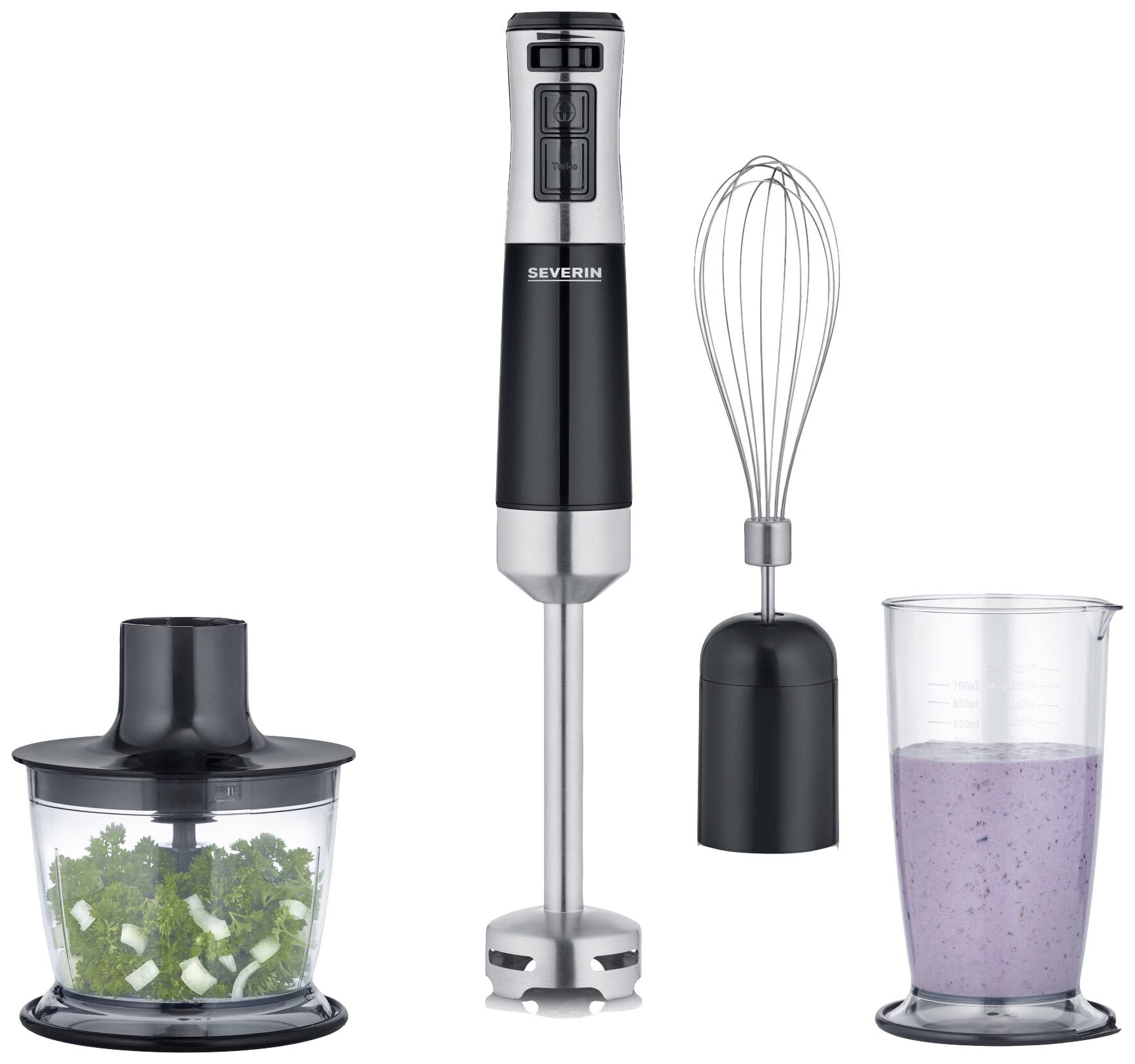 Mixerset med stavmixer, skärbladsskiva, vispad visp och mätkopp full med lila smoothie. Innehåller hackade grönsaker.