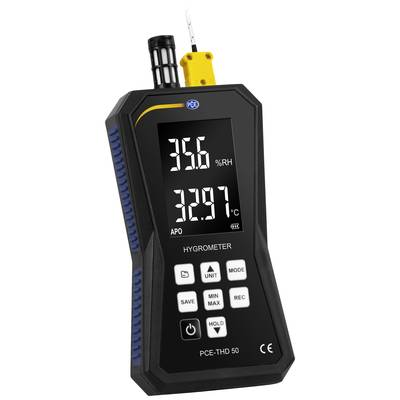 Hygrometer med digitalt display visar 35,6% luftfuktighet och 32,97°C. Knappar för enheter, läge, min/max och håll.