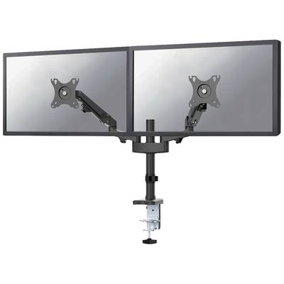 Två monitorhållare på en justerbar arm, monterade på ett skrivbord, utan monitorer, i en kontorsmiljö.