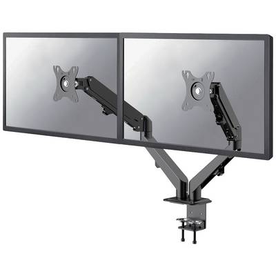 Två datorskärmar monterade sida vid sida på en justerbar arm, fäst vid ett skrivbord.