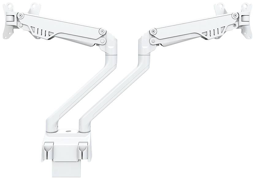 Två vita monitararmar av metall som är flexibelt justerbara och används för att fästa skärmar på ett yteffektivt sätt.