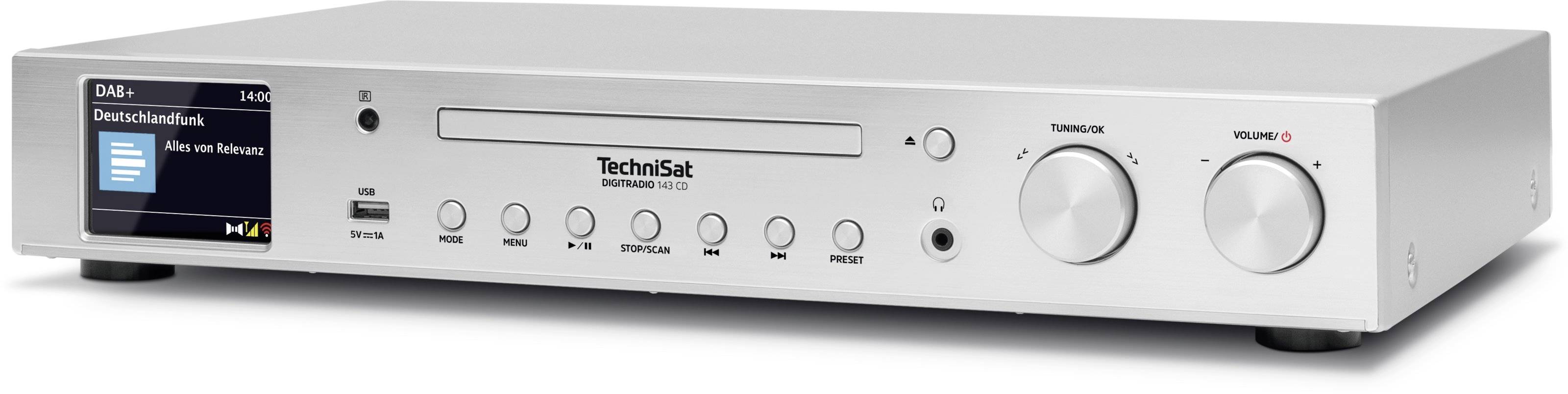 Silverfärgad TechniSat digitalradio-mottagare med display, flera manöverknappar och två vred för balans och volym.