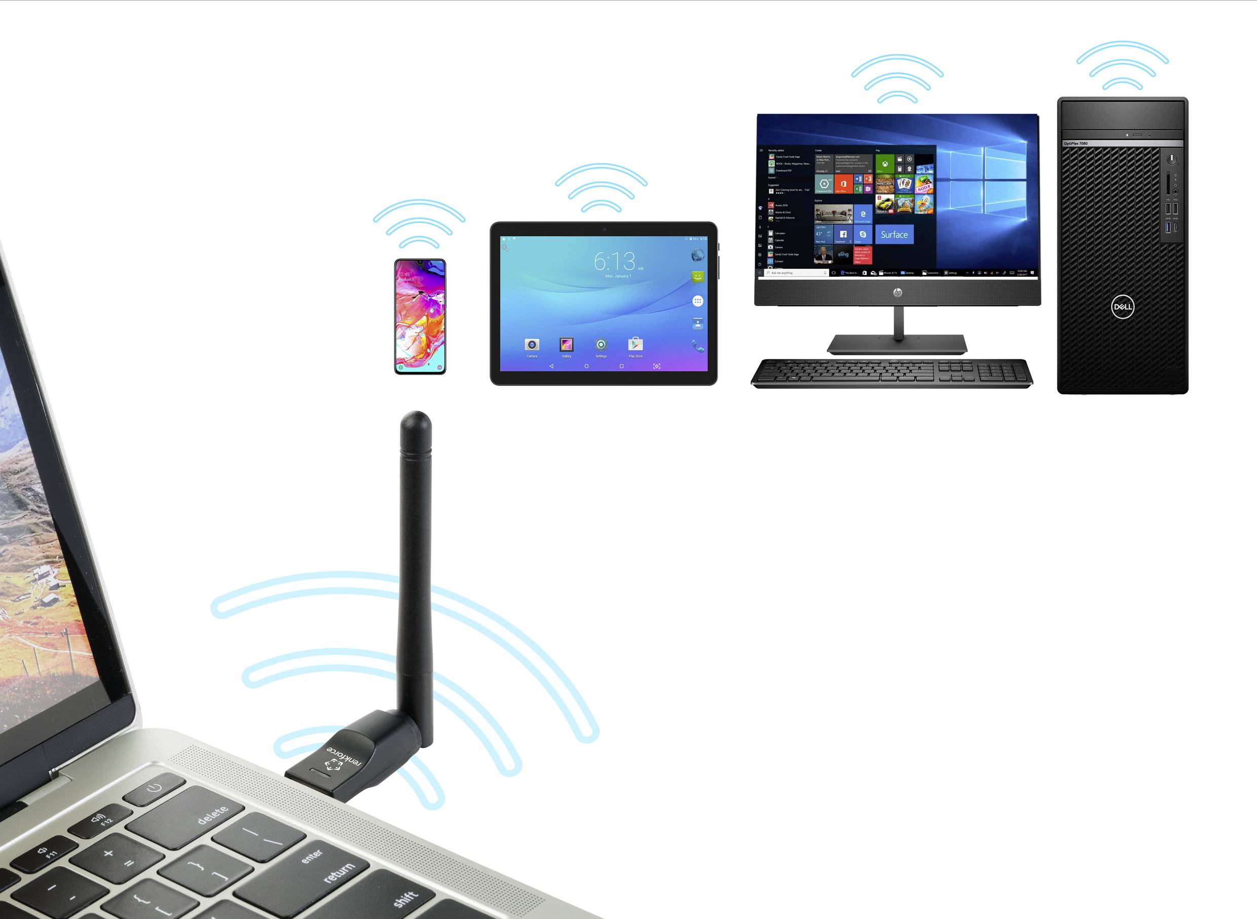 Laptop och PC kommunicerar trådlöst med smartphone och surfplatta. Symboler visar den trådlösa anslutningen mellan dessa enheter i ett nätverk.