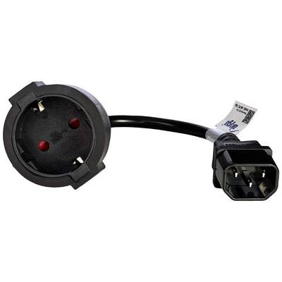 Ett adapterkabel med Schuko-kontakt på vänster sida och IEC C13-uttag på höger sida, för elektroniska enheter.