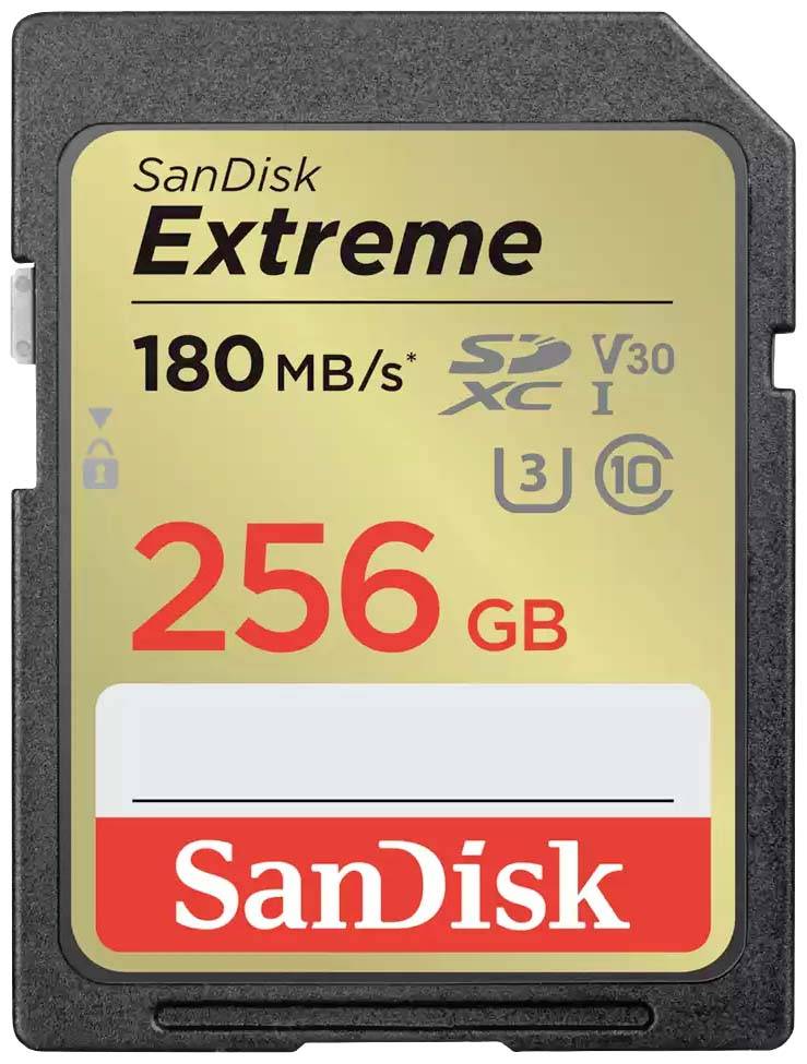 SanDisk Extreme 256 GB SD-kort, läshastighet 180 MB/s, lämplig för 4K-videoinspelningar och snabb fotografering.