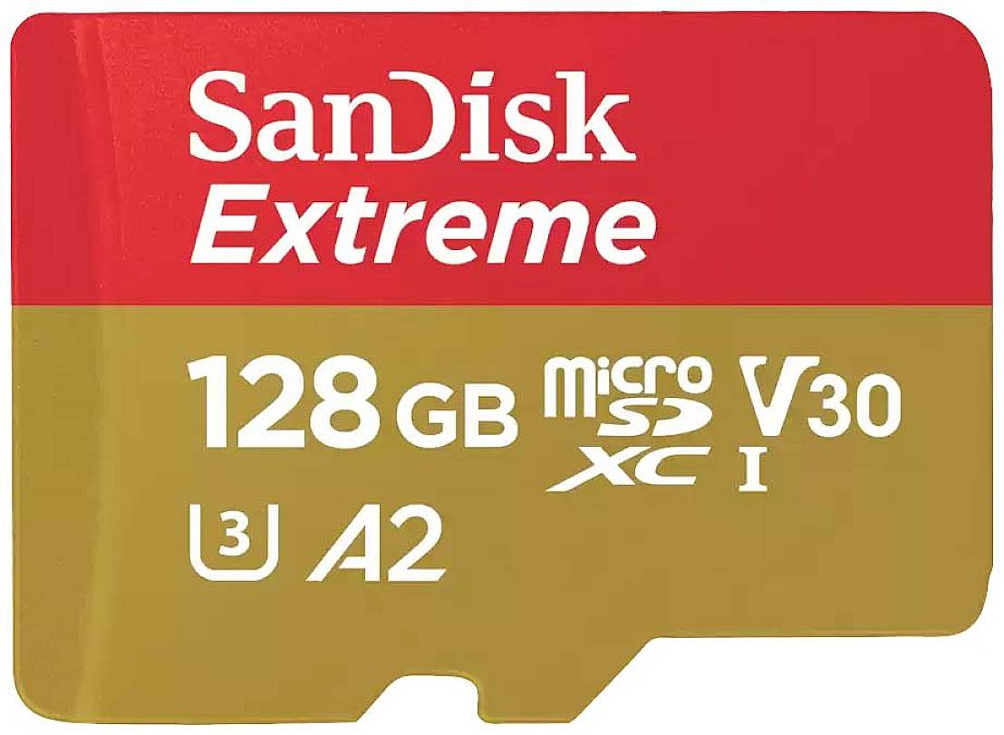 SanDisk Extreme 128 GB microSDXC-kort, hastighetsklass V30, A2, U3 för snabb datalagring och -överföring.