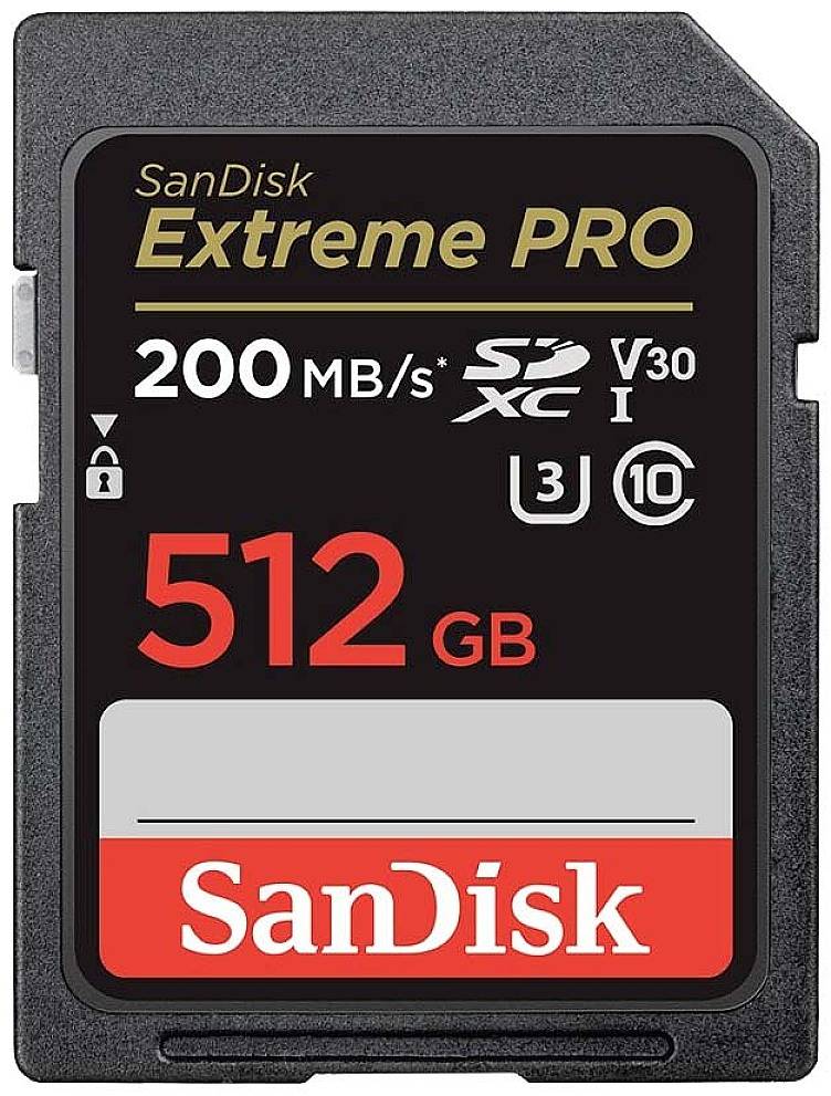 SanDisk minneskort, Extreme PRO-modell, 512 GB kapacitet, hastighet upp till 200 MB/s. Lämplig för höghastighetstillämpningar.
