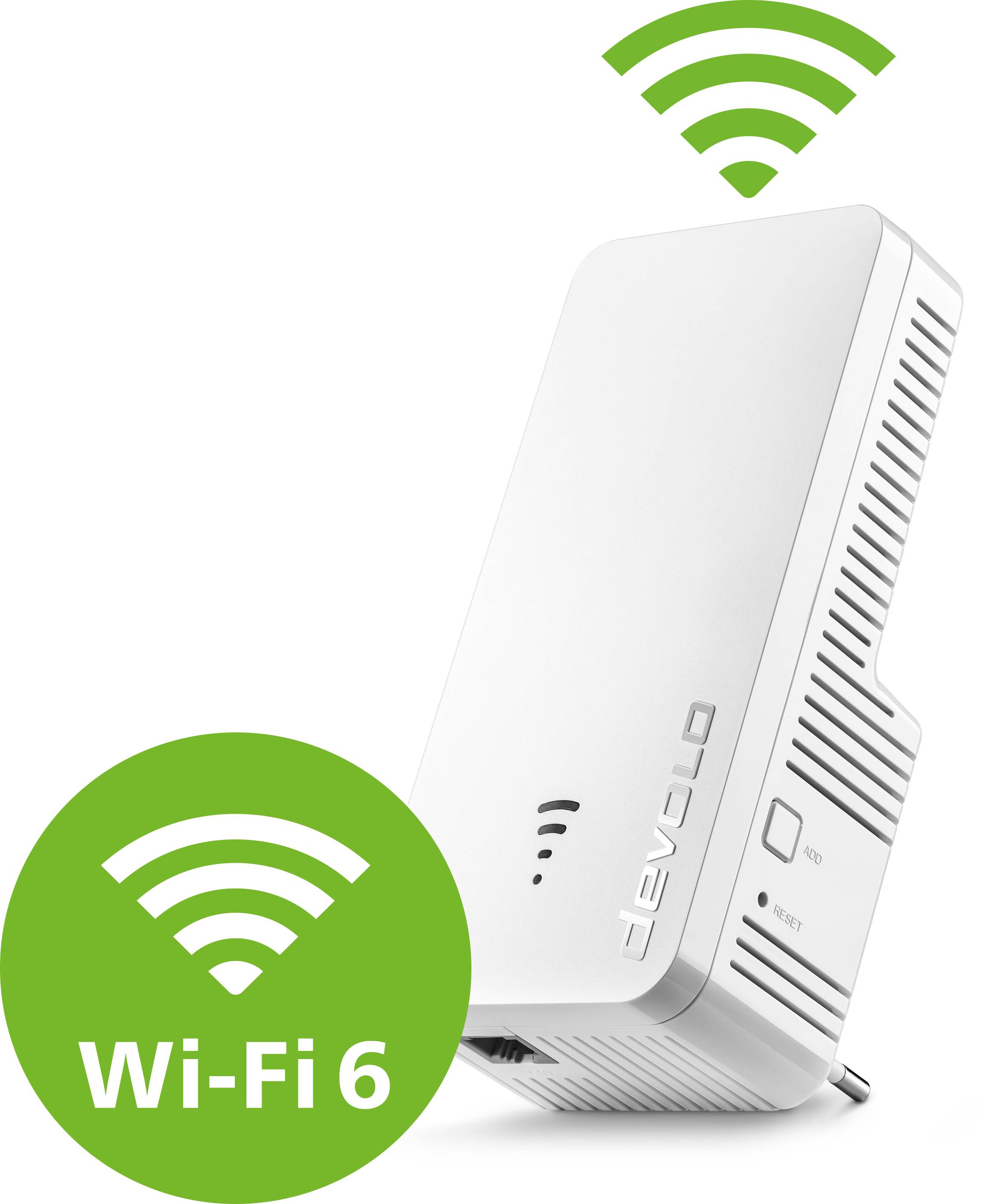 En vit Wi-Fi 6-adapter med en grön Wi-Fi-symbol som visar trådlös nätverkskompatibilitet.