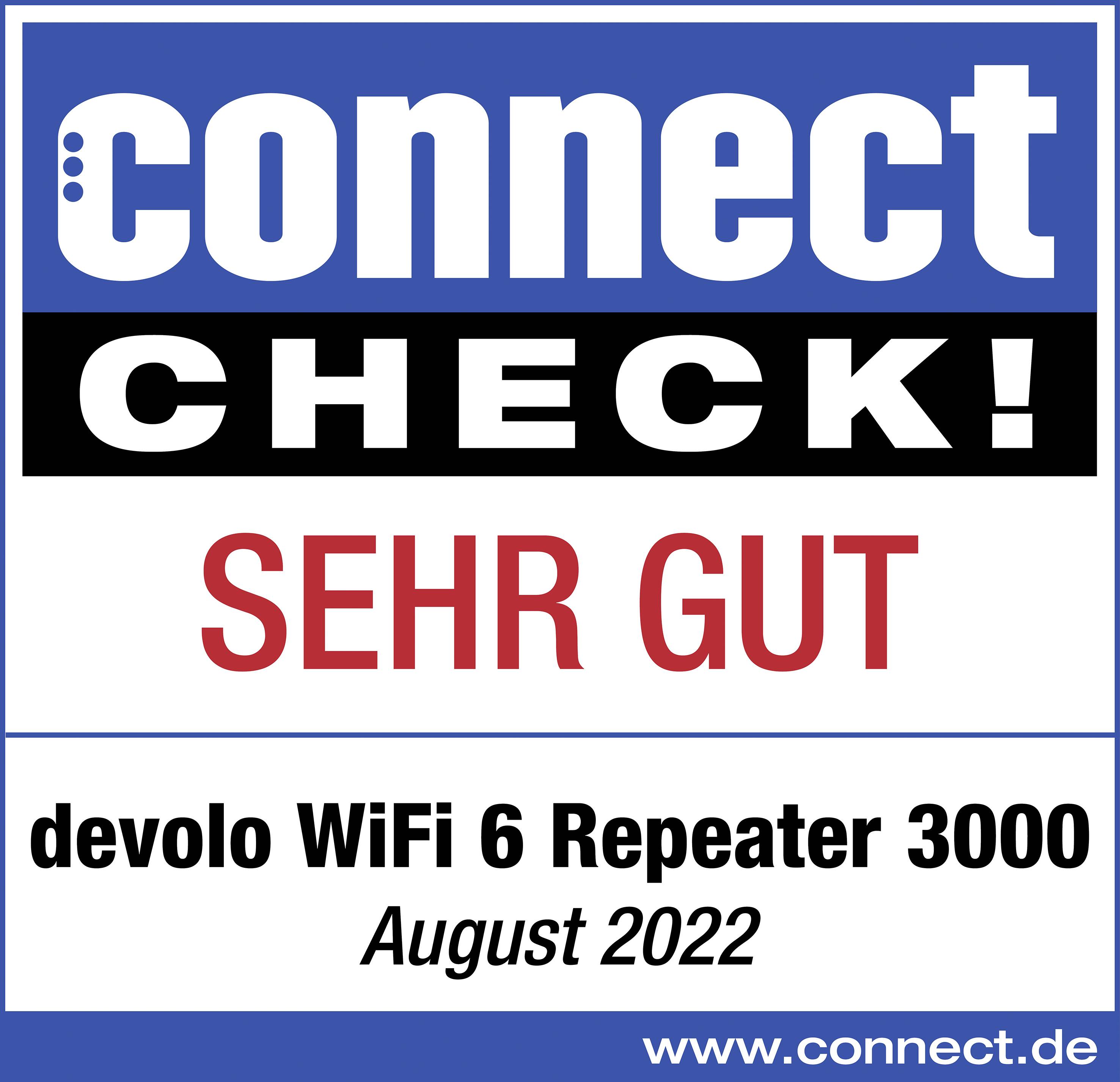 'Siegels testresultat från connect visar: devolo WiFi 6 Repeater 3000 fick omdömet "MYCKET BRA" i augusti 2022.'