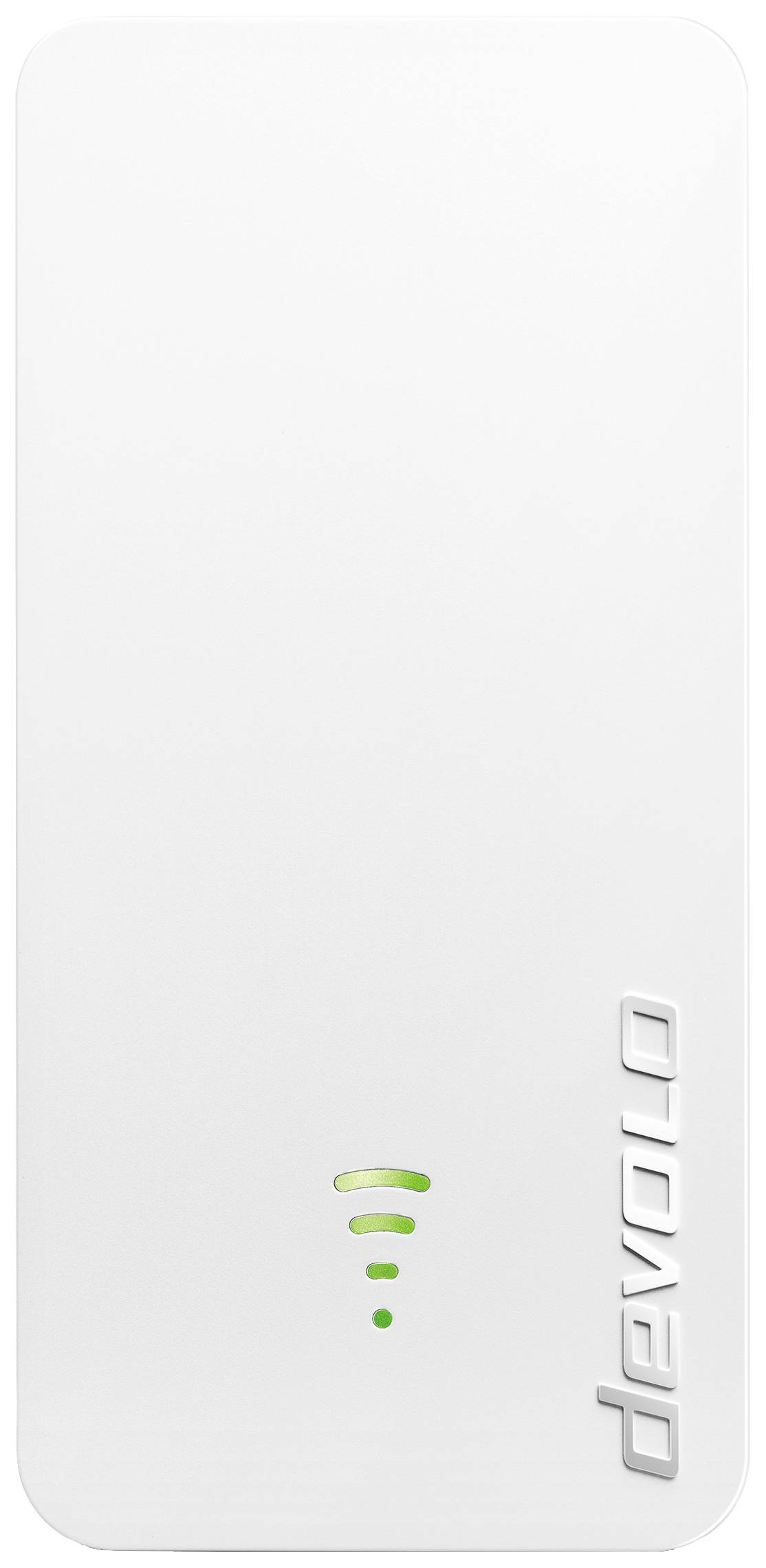 WLAN-repeater i vitt hölje med diskret 'devolo'-logotyp och grönt signalsymbol på framsidan.