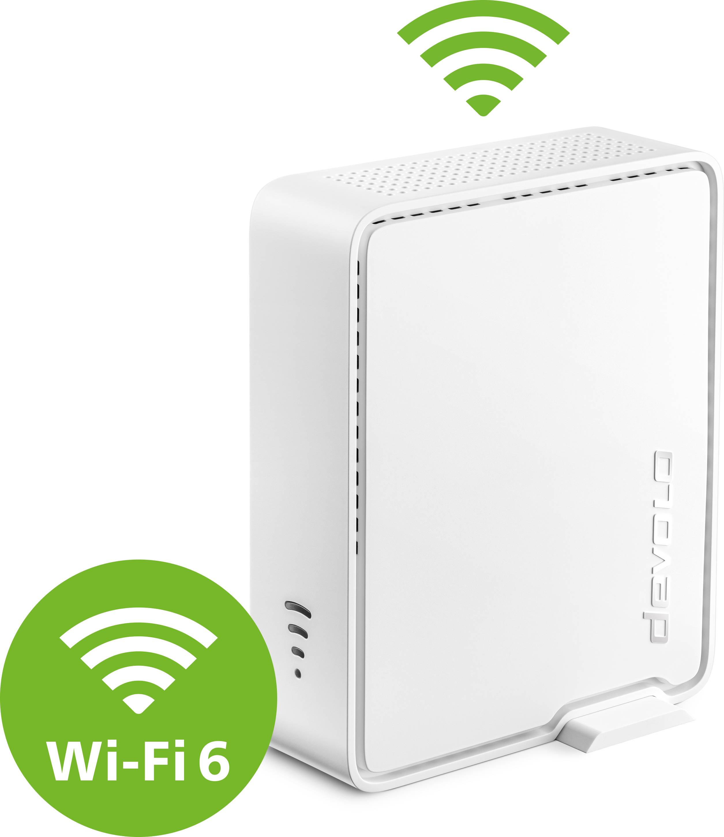 WLAN-repeater med Wi-Fi 6-logotyp, visar kompatibilitet med den senaste Wi-Fi-standarden för förbättrad nätverkshastighet och täckning.