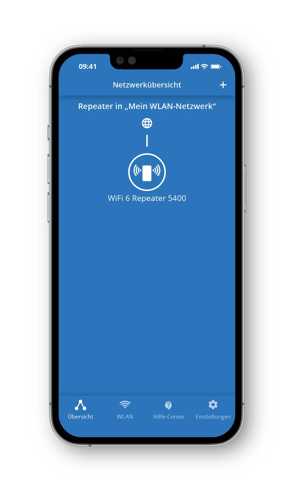 Smartphoneskärm visar WiFi-repeater-status: 'Repeater i Mitt WiFi-nätverk, WiFi 6 Repeater 5400'. Menyalternativ överst.