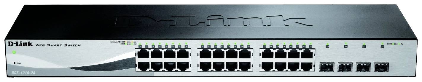 D-Link Web Smart Switch med 24 Ethernet-portar och 4 SFP-portar, svart ovansida, framsida med lampor och anslutningar.