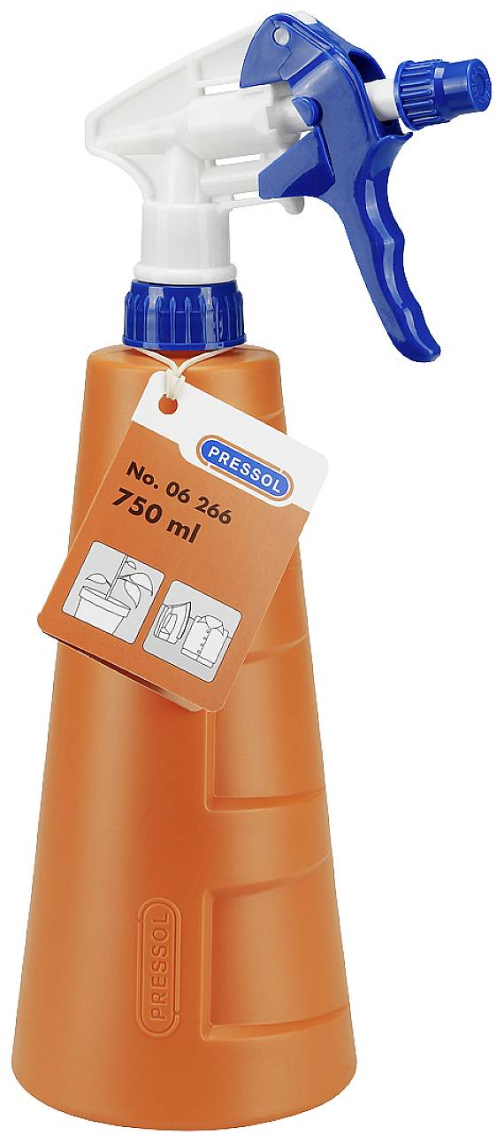 En orange sprayflaska med blå sprayhuvud och en etikett som visar '750 ml'.