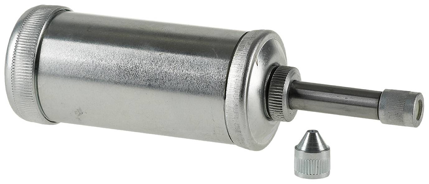 Metallisk fettspruta med avtagbart huvud, avsedd för smörjning av maskiner eller utrustning.