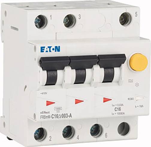 Effektbrytare med vippströmbrytare och gul knapp på sidan, märke Eaton, modell FI/LS-brytar FRBM-C16/3/003-A.
