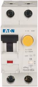 Illustration av en effektbrytare från märket Eaton, 3-polig, med gul knapp och röd spak för manuell styrning, i C6-ampereområdet.