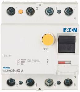 En felströmsskyddsbrytare (FI-switch) från Eaton med testknapp, modell FRCmM-254/003-A, lämplig för 240/415V.