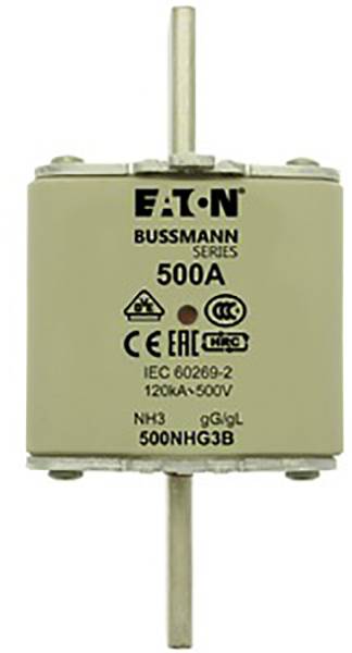 Elektrisk säkring från Eaton, Bussmann-serien, 500A, IEC 60269-2 standard, 120kA-500V, NH3 gG/gL, symmetriska metallaxlar överst och underst.