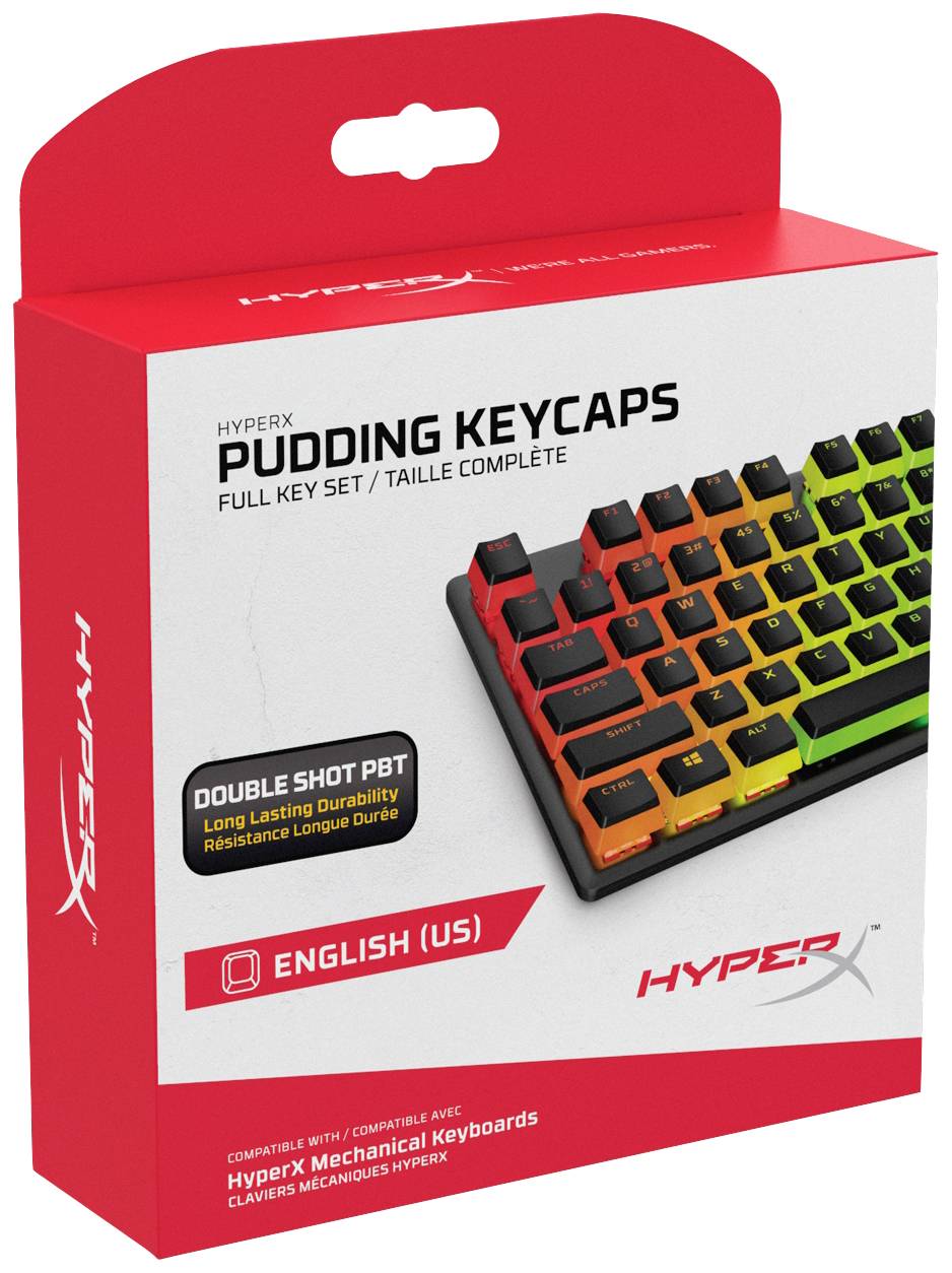 Förpackning för HyperX Pudding Keycaps. Innehåller en komplett uppsättning tangenter med hållbara Double Shot PBT-tangenter i regnbågens färger.